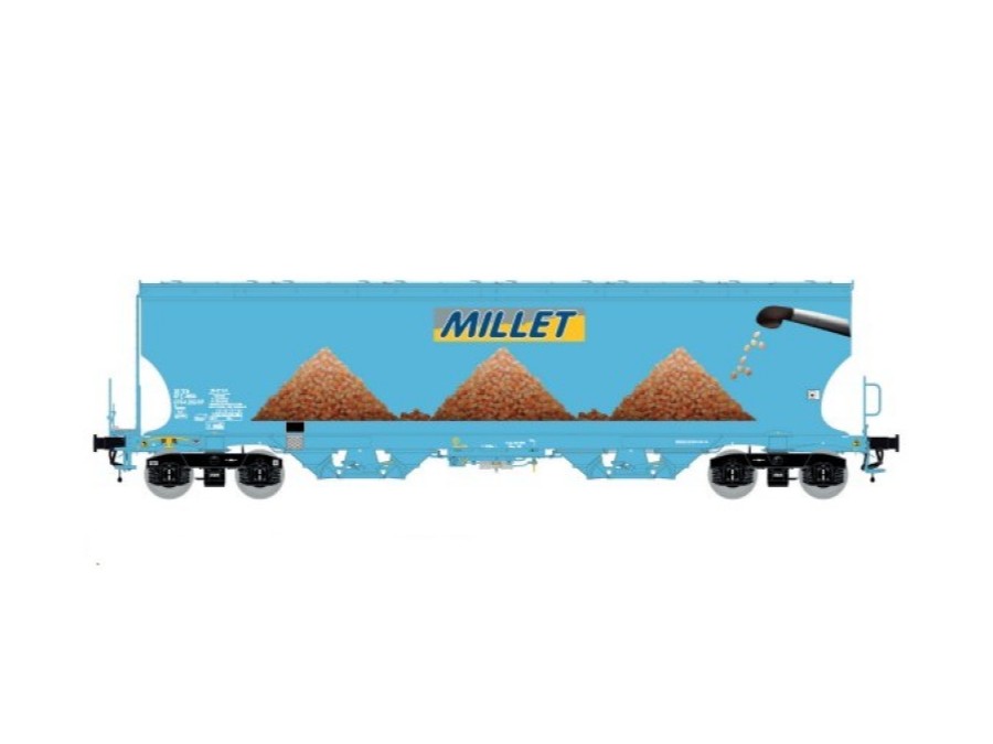 LS MODELS-30593 Wagon trémies céréalier MILLET nouveau logo Wagon céréalier MILLET à trémies LS MODELS-30593