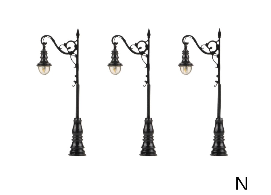 FALLER-272127 Lot de 3 lampadaires anciens à leds fonte et fer forgé échelle N Réverbères doubles fonte FALLER-272127